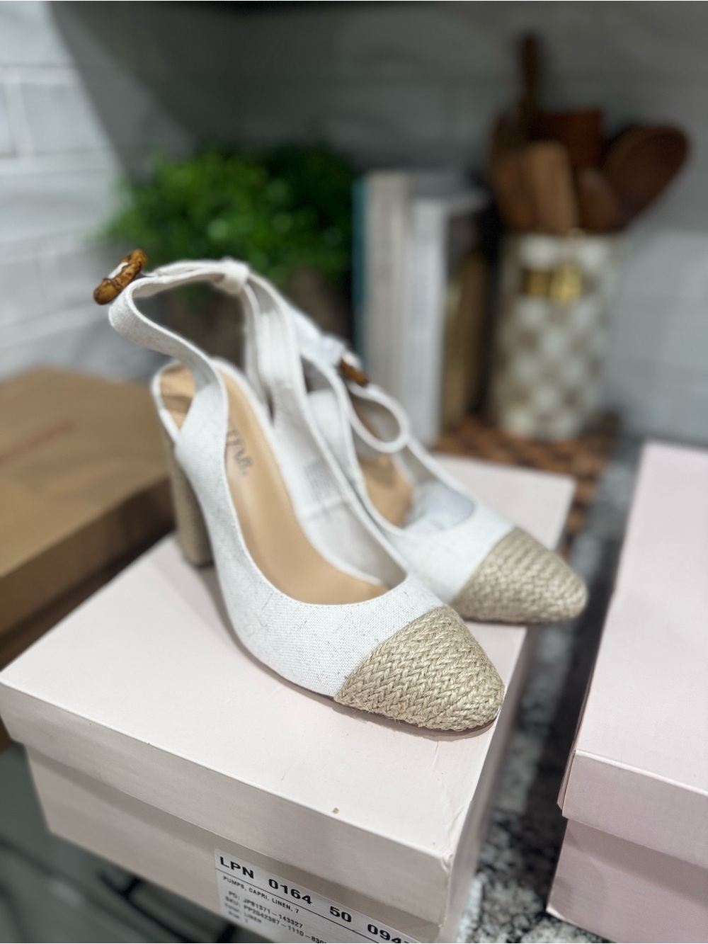 JustFab White Linen Slingback Pumps with Raffia Cap Toe